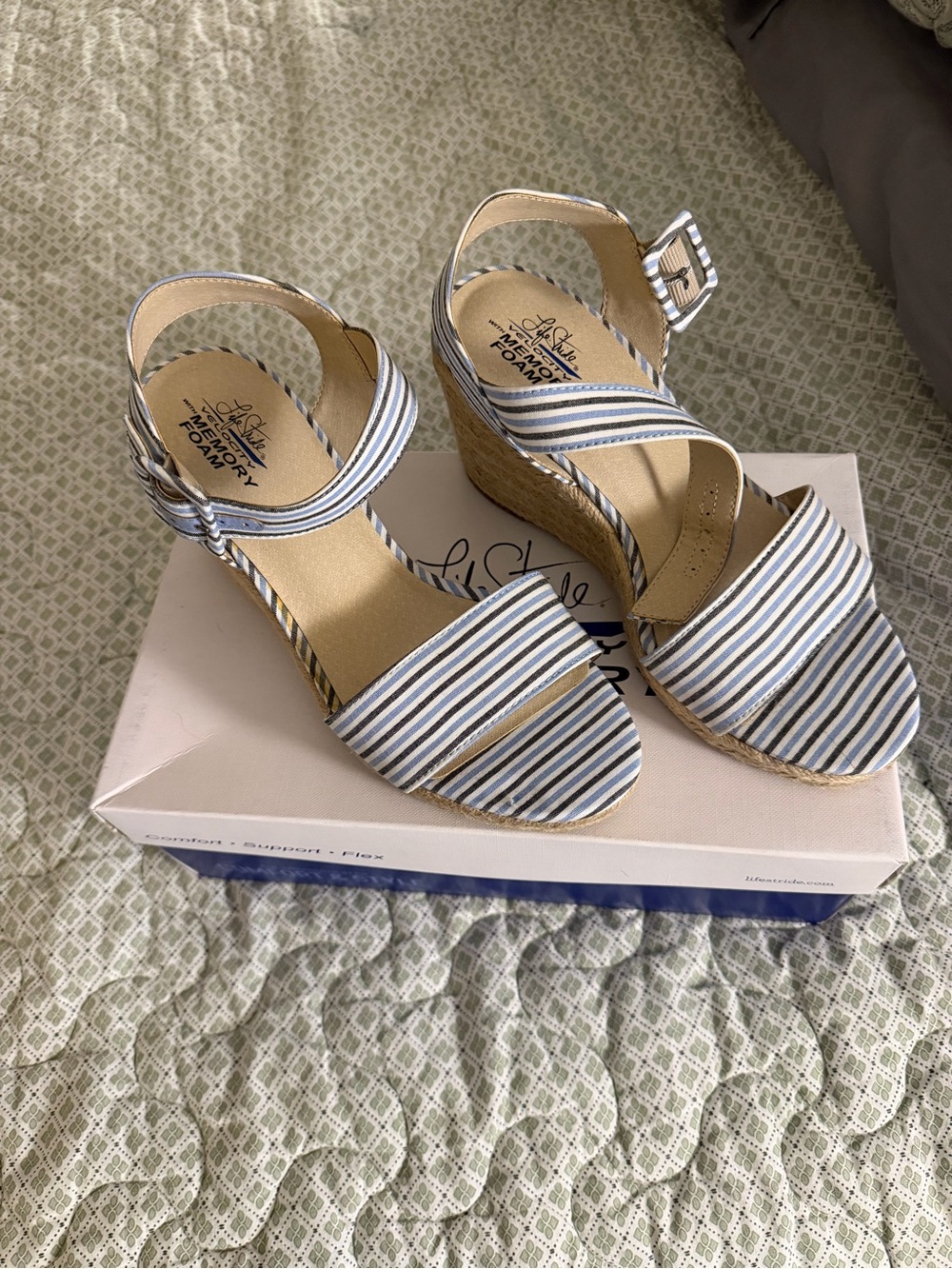 Life Stride Blue and White Striped Espadrille Wedge Sandals